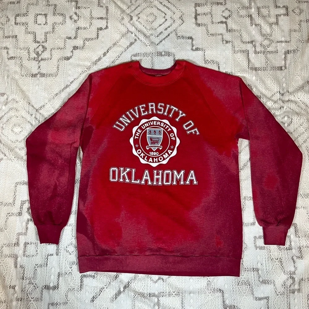University of Oklahoma Red Sweater with distressed tie dye look